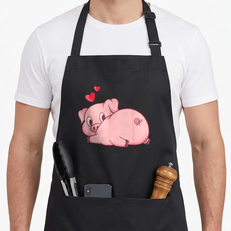 Tablier de cuisine noir avec illustration d'un petit cochon rose aux cœurs flottants au-dessus de sa tête.