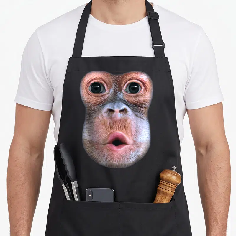 Tablier de cuisine noir avec l'illustration d'un visage de singe soufflant le ventre en gros plan.