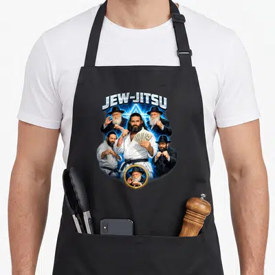 Tablier de cuisine noir avec illustration Jew-Jitsu, personnages en kimono, chapeaux noirs et billets de dollar sur fond bleu électrique.