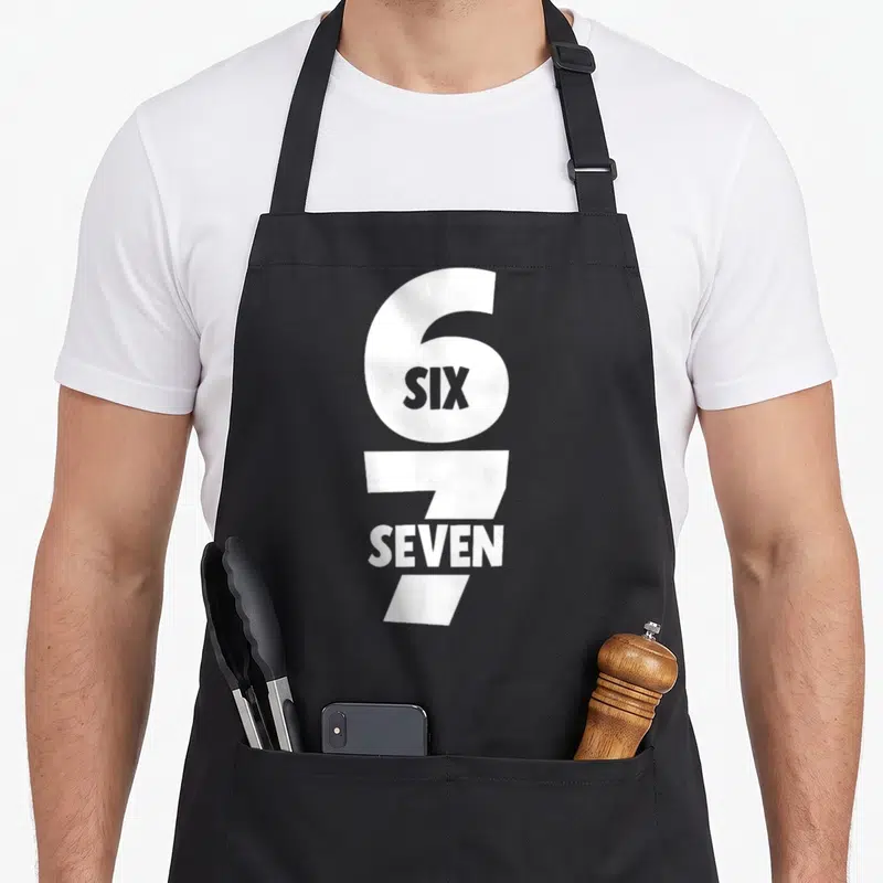 Tablier de cuisine noir avec grand chiffre 6 contenant le mot SIX et chiffre 7 avec le mot SEVEN en blanc.