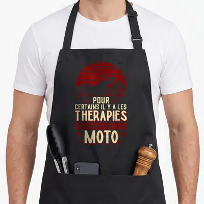 Tablier de cuisine noir avec illustration vintage moto rouge et texte Pour certains il y a les thérapies pour nous autres il y a la moto.