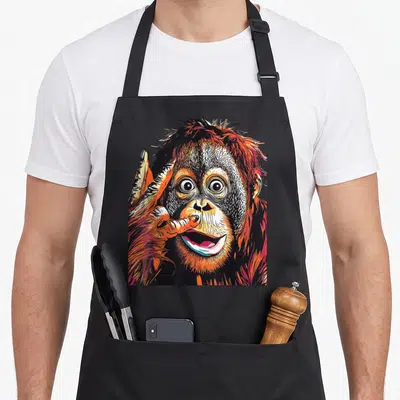 Tablier de cuisine noir avec illustration d'orangoutan style bande dessinée aux couleurs vives et expression comique.