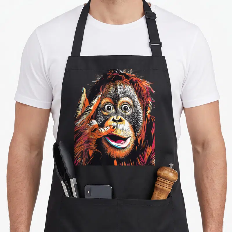 Tablier de cuisine noir avec illustration d'orangoutan style bande dessinée aux couleurs vives et expression comique.