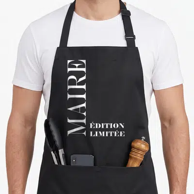 Tablier de cuisine noir avec l inscription MAIRE verticale et « ÉDITION LIMITÉE » en blanc sur le devant.