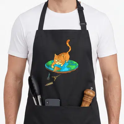 Tablier de cuisine noir avec illustration d'un chat orange posé sur une terre plate et des monuments qui s'effondrent.