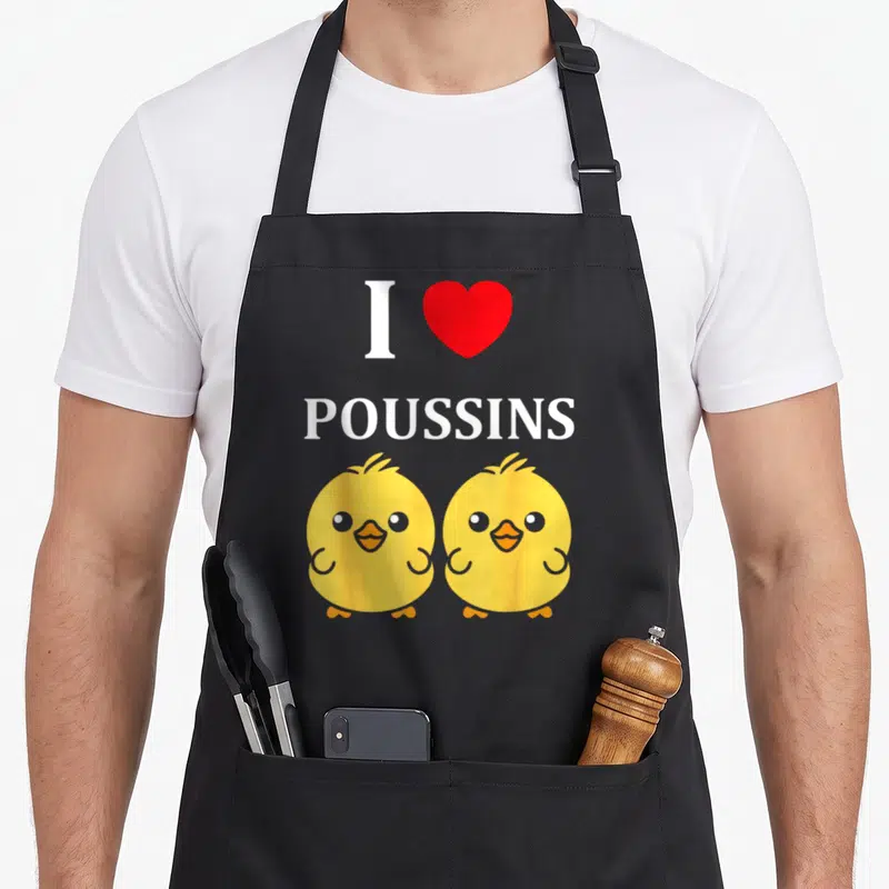 Tablier de cuisine noir avec deux poussins jaunes, un cœur rouge et le texte I love poussins imprimé en blanc.