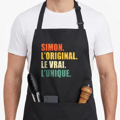 Tablier de cuisine noir avec inscription Simon l'original le vrai l'unique en lettres colorées style vintage.