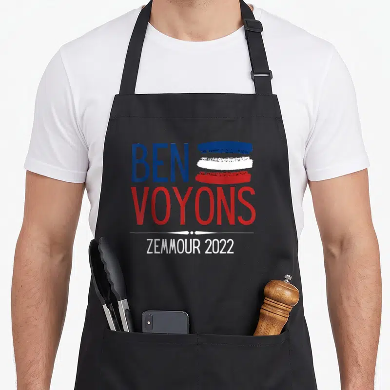 Tablier de cuisine noir avec inscription Ben Voyons Zemmour 2022 et drapeau tricolore stylisé.