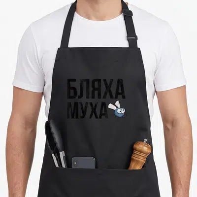 Tablier de cuisine noir avec texte en alphabet cyrillique A et une petite mouche bleue dessinée à côté.