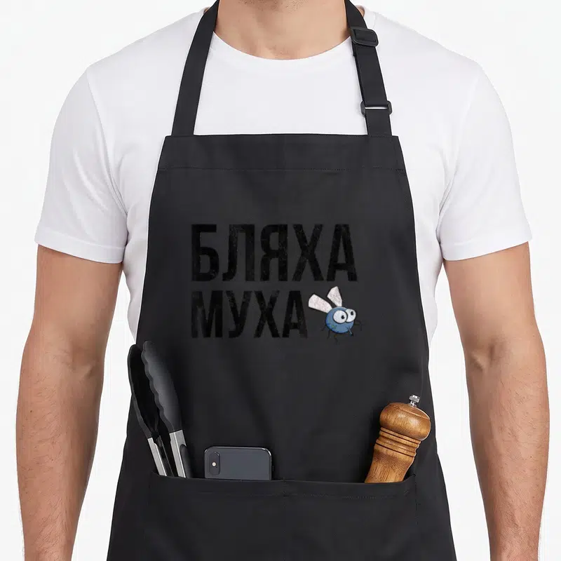 Tablier de cuisine noir avec texte en alphabet cyrillique A et une petite mouche bleue dessinée à côté.