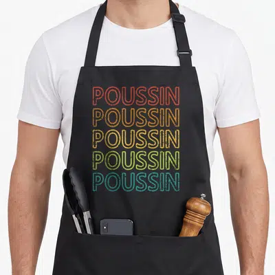 Tablier de cuisine noir avec cinq lignes du mot Poussin en lettres capitales colorées et style vintage délavé.