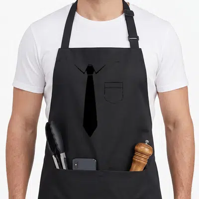 Tablier de cuisine noir avec illustration d'une cravate noire et d'un col de chemise stylisé sur le côté droit.