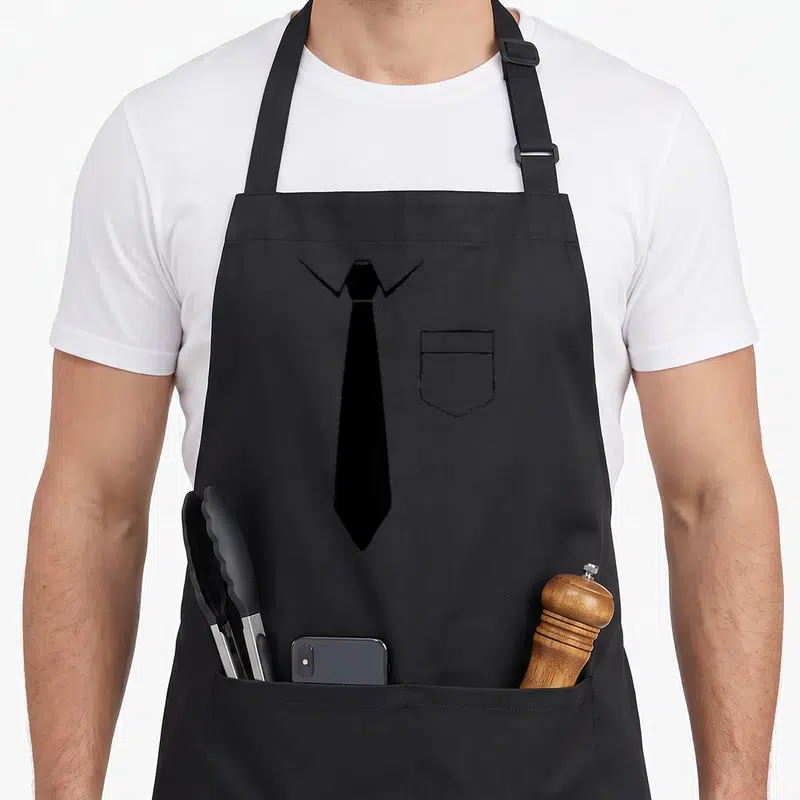 Tablier de cuisine noir avec illustration d'une cravate noire et d'un col de chemise stylisé sur le côté droit.