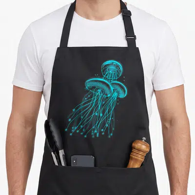 Tablier de cuisine noir avec trois méduses fluorescentes aux tentacules longs et lumineux en bleu cyan sur fond sombre.