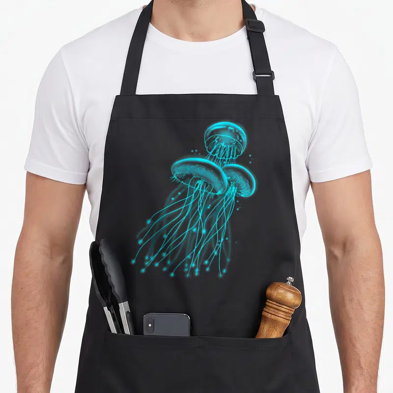 Tablier de cuisine noir avec trois méduses fluorescentes aux tentacules longs et lumineux en bleu cyan sur fond sombre.