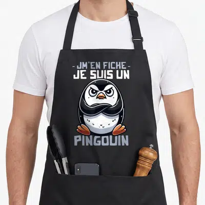 Tablier de cuisine noir avec un pingouin boudeur et le texte jm'en fiche je suis un pingouin imprimé en blanc et gris.