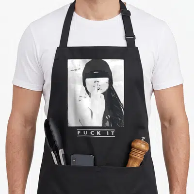 Tablier Design cool Fuck It Humour Statement — sur un tablier de cuisine noir, fond blanc