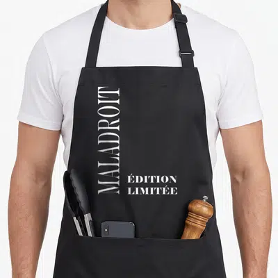 Tablier de cuisine noir avec le texte MALADROIT écrit verticalement en blanc et « ÉDITION LIMITÉE » en bas à droite.