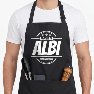 Tablier de cuisine noir avec logo blancProduit de Albi 100% Originale et trois étoiles en haut du design.