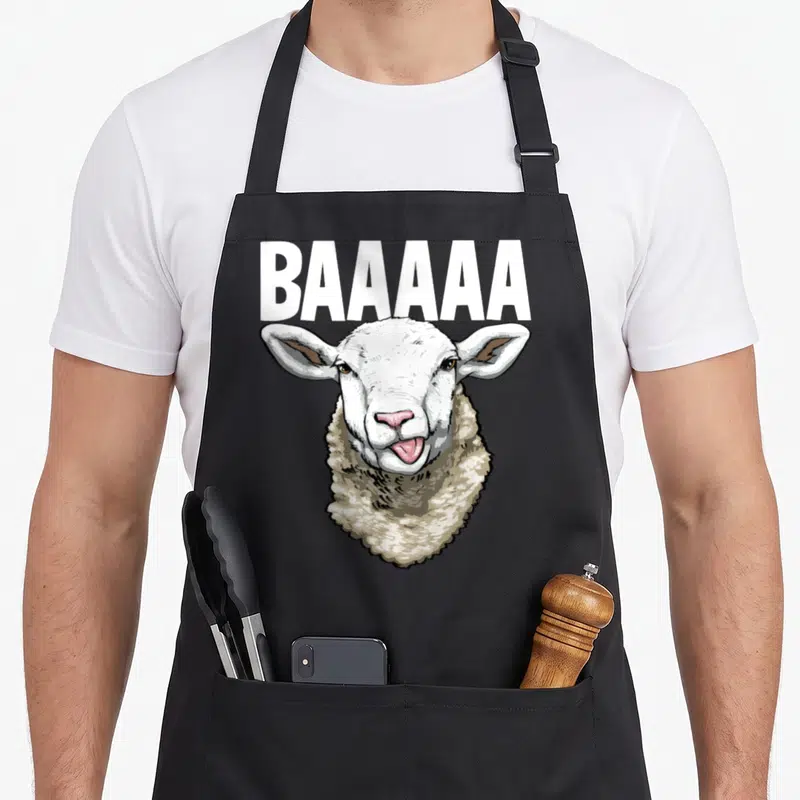 Tablier de cuisine noir avec illustration d'un mouton blanc baveux et texte BAAAAA en lettres capitales blanches au-dessus.