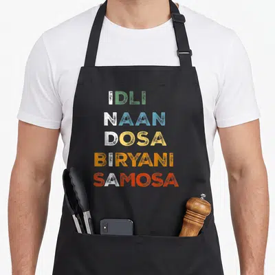 Tablier de cuisine noir avec les mots Idli Naan Dosa Biryani Samosa imprimés en lettres colorées vertes bleues jaunes oranges et rouges.