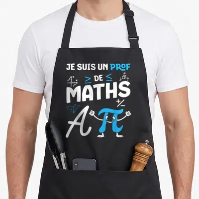 Tablier de cuisine noir avec inscription Je suis un prof de maths et symbole pi souriant en bleu.