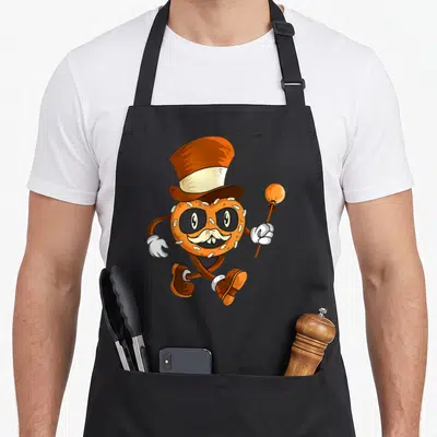 Tablier de cuisine noir avec illustration d'un bretzel anthropomorphe portant un chapeau haut de forme et des lunettes noires.