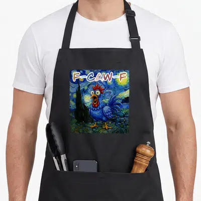 Tablier de cuisine noir avec un coq bleu style Van Gogh criant F-CAW-F sur fond tourbillonnant.