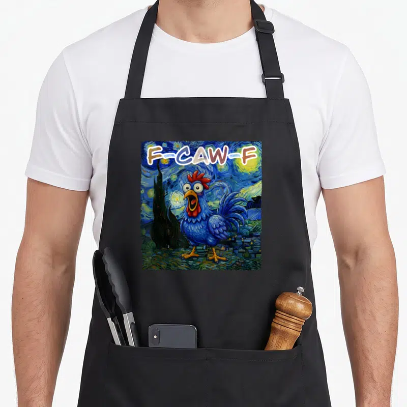 Tablier de cuisine noir avec un coq bleu style Van Gogh criant F-CAW-F sur fond tourbillonnant.