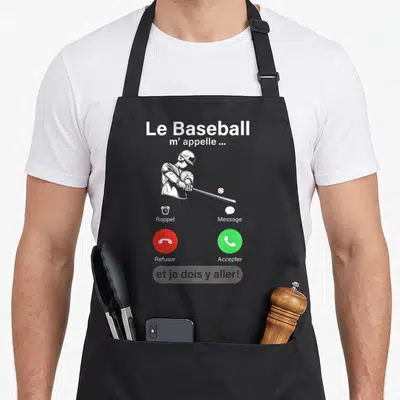 Tablier de cuisine noir avec illustration joueur de baseball et boutons accepter refuser rappel message en blanc.
