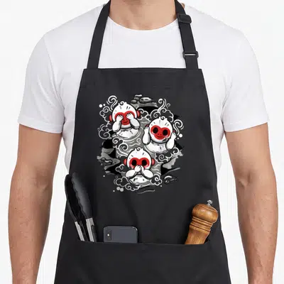 Tablier de cuisine noir avec trois singes sages blancs et rouges dans des nuages de vapeur stylisés.