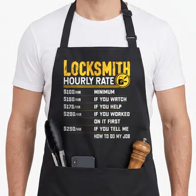 Tablier de cuisine noir avec le tarif horaire du serrurier imprimé en jaune et blanc ainsi qu'une icône de cadenas.