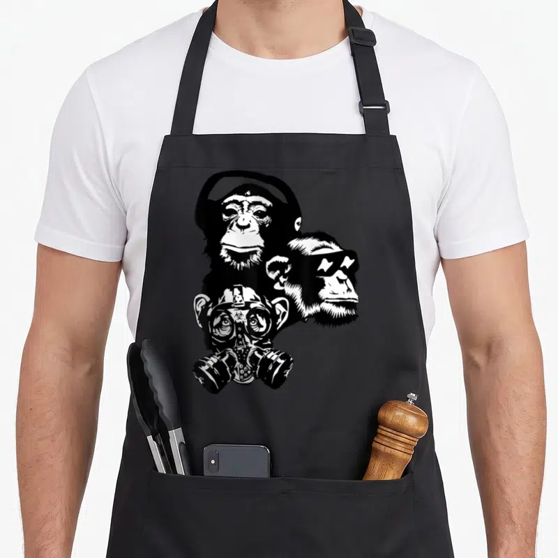 Tablier de cuisine noir avec trois singes stylisés en casque, lunettes et masque à gaz.