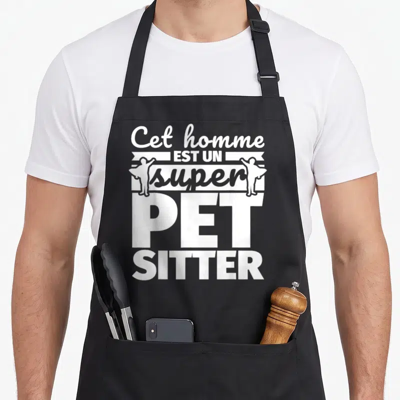 Tablier de cuisine noir avec inscription blanche Cet homme est un super pet sitter et silhouettes stylisées.
