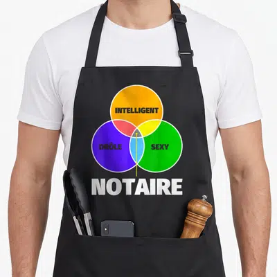 Tablier de cuisine noir avec un diagramme de Venn coloré affichant les mots intelligent drôle sexy et notaire en blanc.