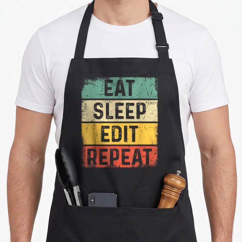Tablier de cuisine noir avec le texte Eat Sleep Edit Repeat sur bandes colorées style vintage délavé.