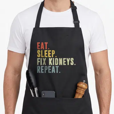 Tablier de cuisine noir avec le texte coloré Eat Sleep Fix Reins Répétez imprimé au centre.