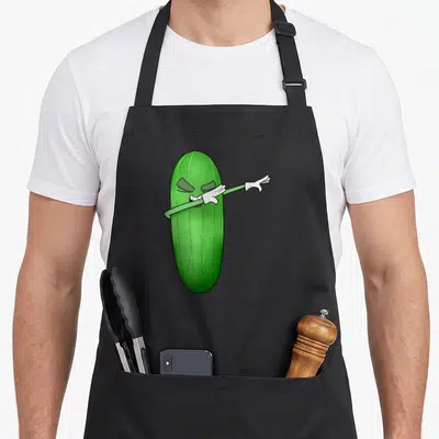 Tablier de cuisine noir avec un cornichon vert effectant la pose dab stylisée et souriante