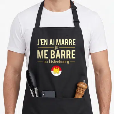 Tablier de cuisine noir avec inscription J'en ai marre je me barre au Listenbourg et drapeau circulaire.