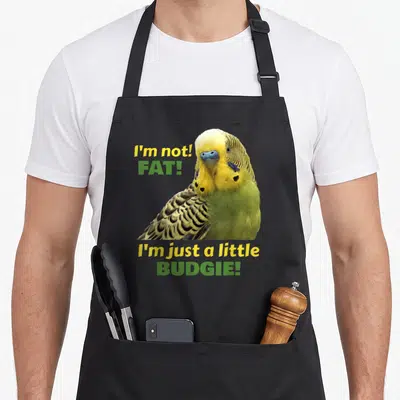 Tablier de cuisine noir avec une illustration de perruche verte et jaune et le texte I'm not fat I'm just a little budgie