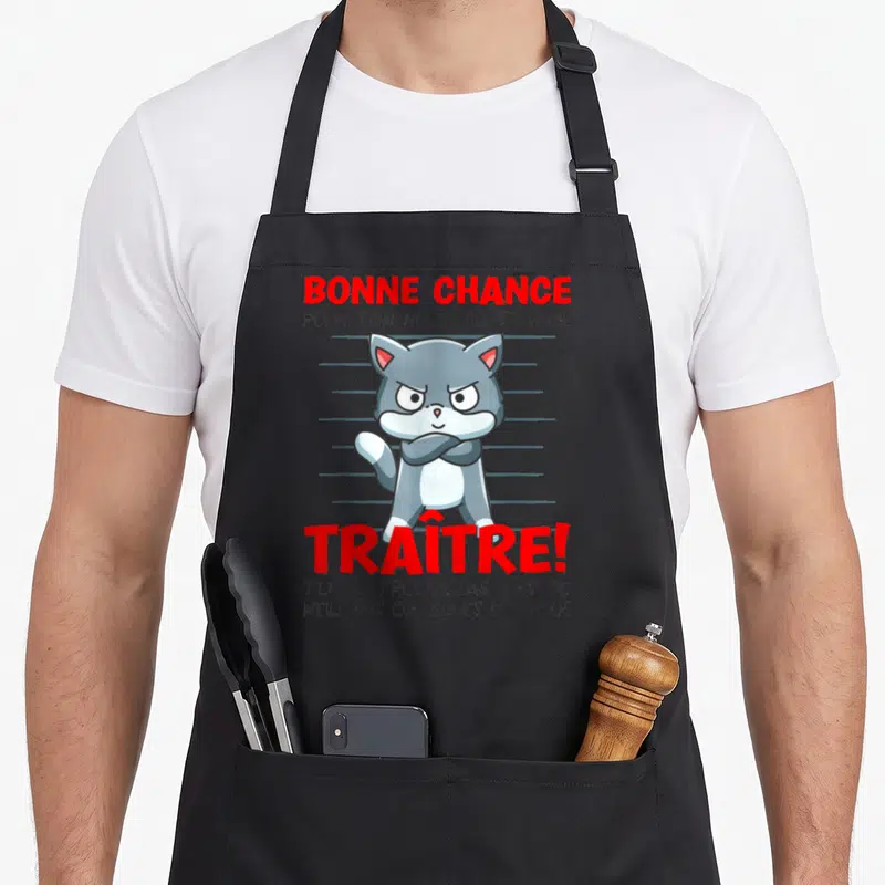 Tablier de cuisine noir avec illustration d'un chat gris traître et texte rouge Bonne chance Traître