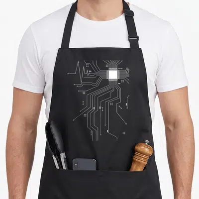 Tablier de cuisine noir avec illustration blanche circuit imprimé et puce centrale style CPU heart board.