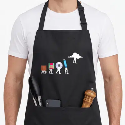 Tablier de cuisine noir avec une illustration montrant l'évolution du stockage de la boîte en bois au cloud computing.