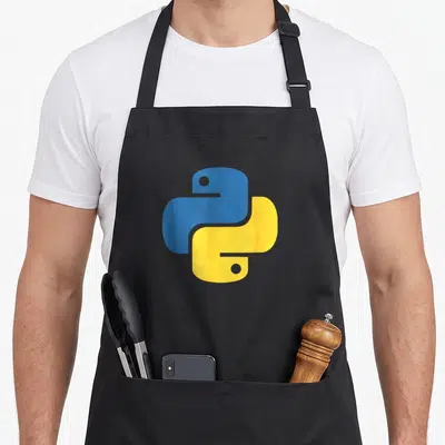 Tablier de cuisine noir avec le logo Python en bleu et jaune vif sur le devant.