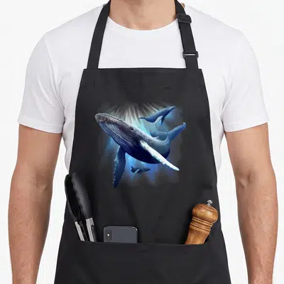Tablier de cuisine noir avec une grande baleine bleue et deux baleines à bosse nageant dans un éclat lumineux bleu.