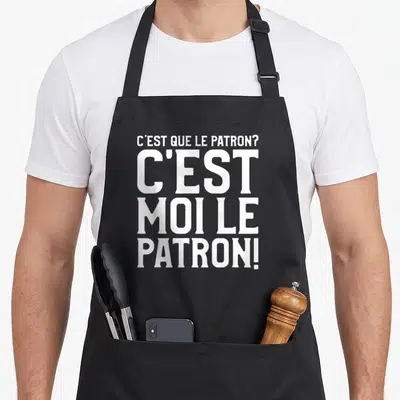 Tablier de cuisine noir avec inscription blanche C'est que le patron C'est moi le patron