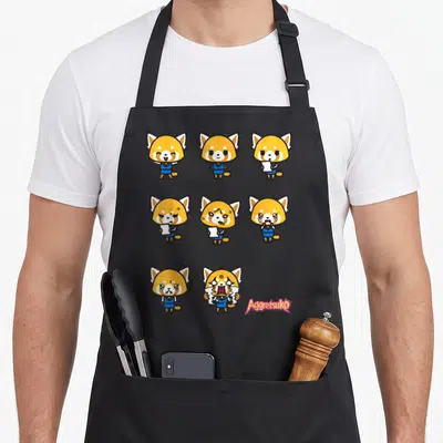 Tablier de cuisine noir avec Aggretsuko en train de pleurer, crier et tenir un papier de bureau.