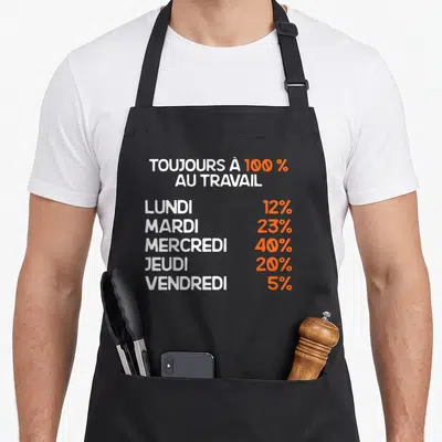 Tablier de cuisine noir avec un graphique indiquant les niveaux d'énergie selon les jours de la semaine en blanc et orange.