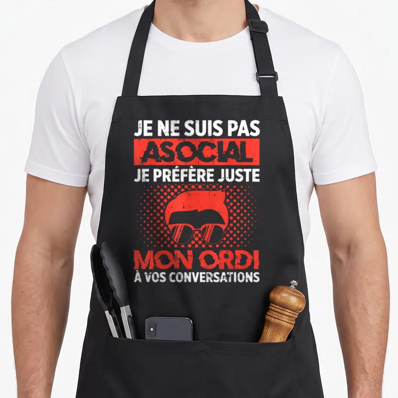Tablier de cuisine noir avec inscription blanche et rouge et silhouette stylisée de lunettes de soleil