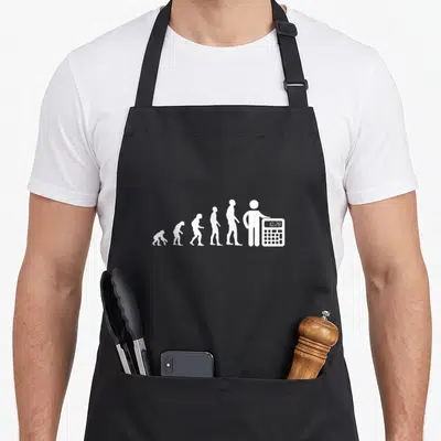Tablier de cuisine noir avec silhouette évolutive terminant par un homme tenant une calculatrice numérique blanche.